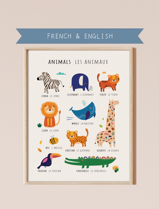 A bilingual educational print featuring animals labeled in English and French. The print displays cute, colorful illustrations of the following animals: zebra, elephant, tiger, lion, whale, bee, cheetah, giraffe toucan, and crocodile . This bilingual display aids in language acquisition and cross-cultural learning.