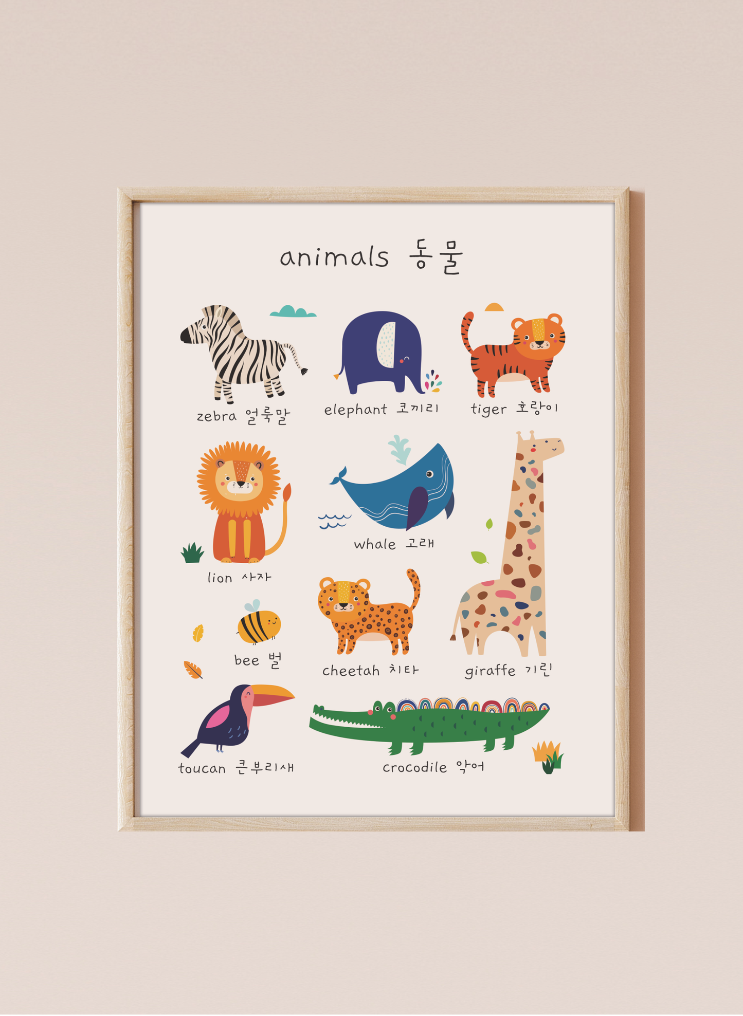 A bilingual educational print featuring animals labeled in English and Chinese, Korean, Japanese, French, Spanish, Vietnamese, Thai, or Tagalog. The print displays cute, colorful illustrations of the following animals: zebra, elephant, tiger, lion, whale, bee, cheetah, giraffe toucan, and crocodile . This bilingual display aids in language acquisition and cross-cultural learning.