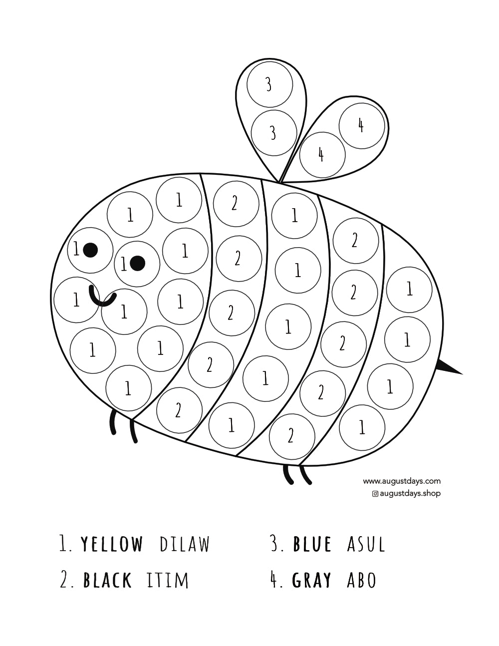Dot marker color by number page in the shape of a bee. Colors in English and Tagalog.