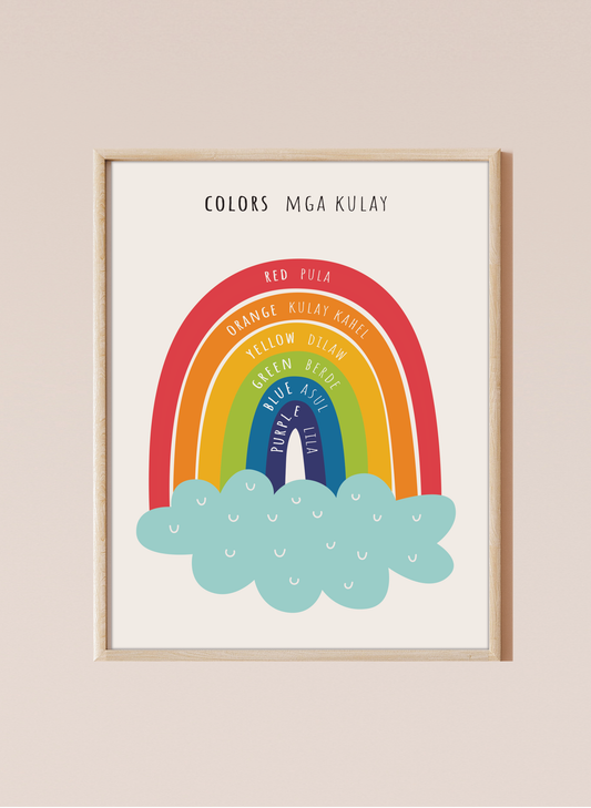 A bilingual educational print featuring colors labeled in English and Tagalog. The print displays cute, colorful rainbow featuring the following colors: red, orange, yellow, green, blue and purple . This bilingual display aids in language acquisition and cross-cultural learning and has a perfect aesthetic for a baby nursery, classroom, or other decor. 