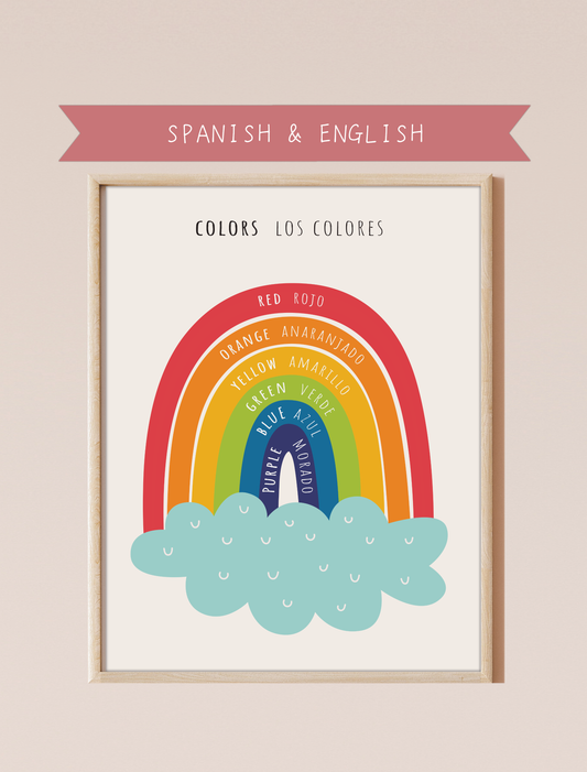 A bilingual educational print featuring colors labeled in English and Spanish. The print displays cute, colorful rainbow featuring the following colors: red, orange, yellow, green, blue and purple . This bilingual display aids in language acquisition and cross-cultural learning and has a perfect aesthetic for a baby nursery, classroom, or other decor. 