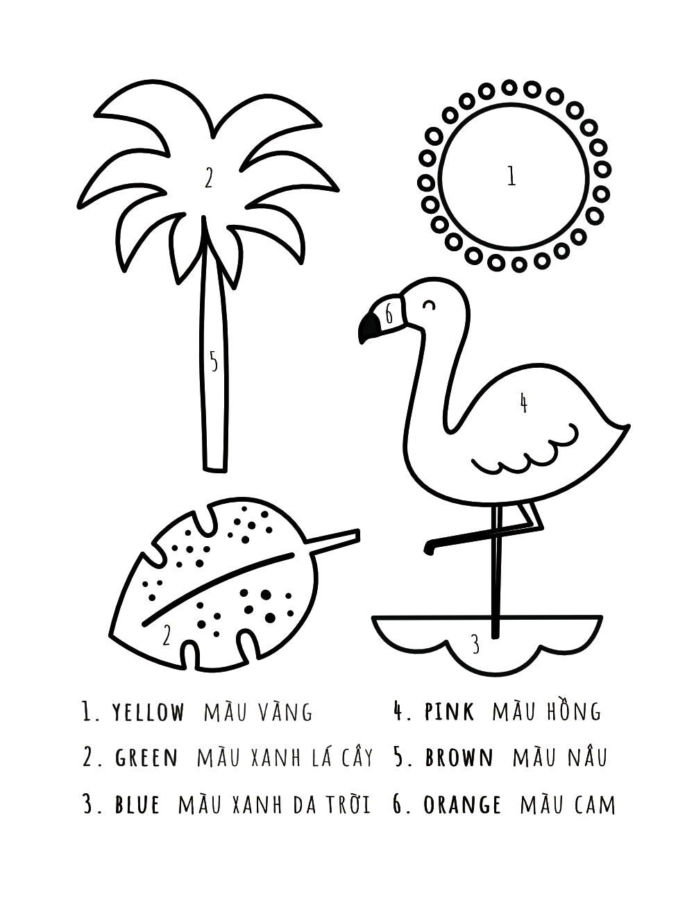 Summer flamingo, with leaves, tree, and sun coloring page with colors in Vietnamese and English.