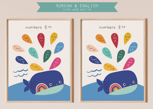 A bilingual educational print featuring numbers labeled in English and Korean. The print displays a cute illustration of a whale, featuring the following numbers on water drops spraying from the whale's blowhole: one, two, three, four, five, six, seven, eight, nine, and ten. This bilingual display aids in language acquisition and cross-cultural learning and has the perfect aesthetic for a baby nursery, classroom, or other decor. 