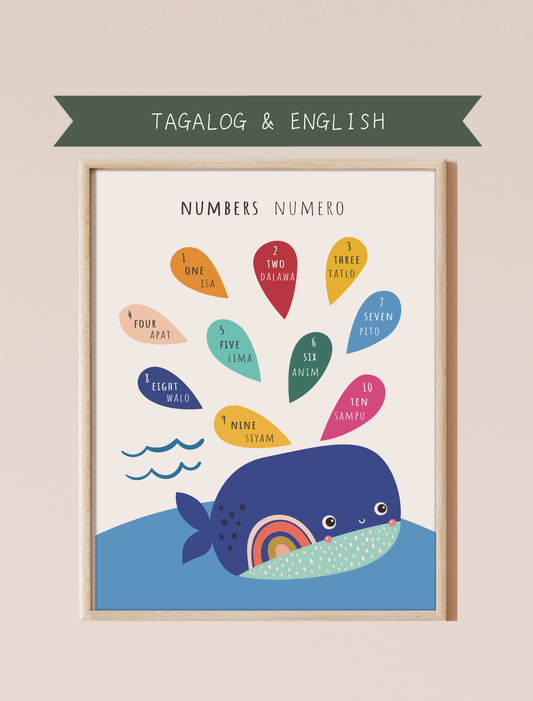 A bilingual educational print featuring numbers labeled in English and Tagalog. The print displays a cute illustration of a whale, featuring the following numbers on water drops spraying from the whale's blowhole: one, two, three, four, five, six, seven, eight, nine, and ten. This bilingual display aids in language acquisition and cross-cultural learning and has the perfect aesthetic for a baby nursery, classroom, or other decor. 