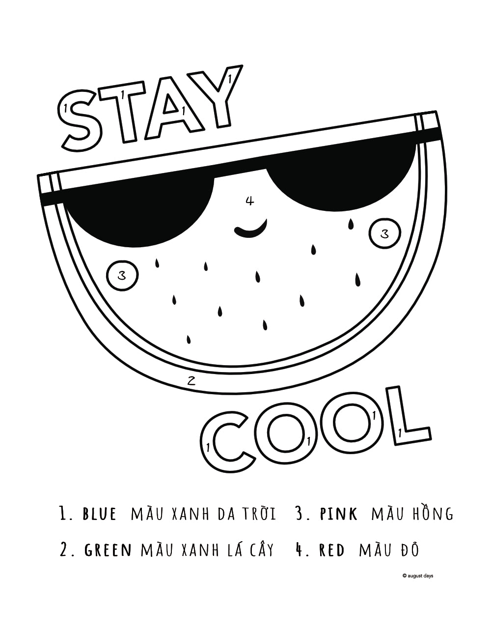 Free, downloadable color by number coloring page of a watermelon wearing sunglasses. Colors in English and Vietnamese.