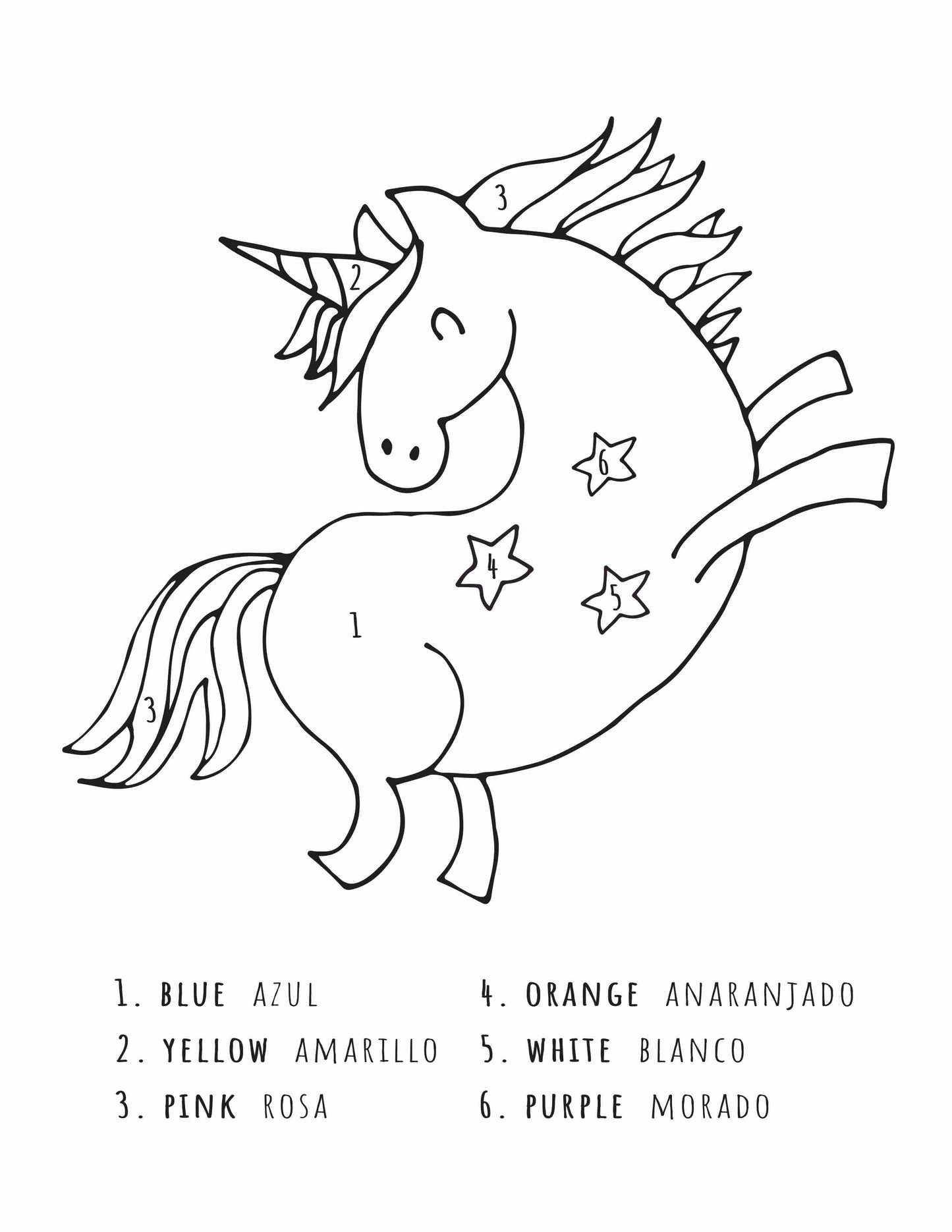Free unicorn coloring page with colors in Spanish and English.