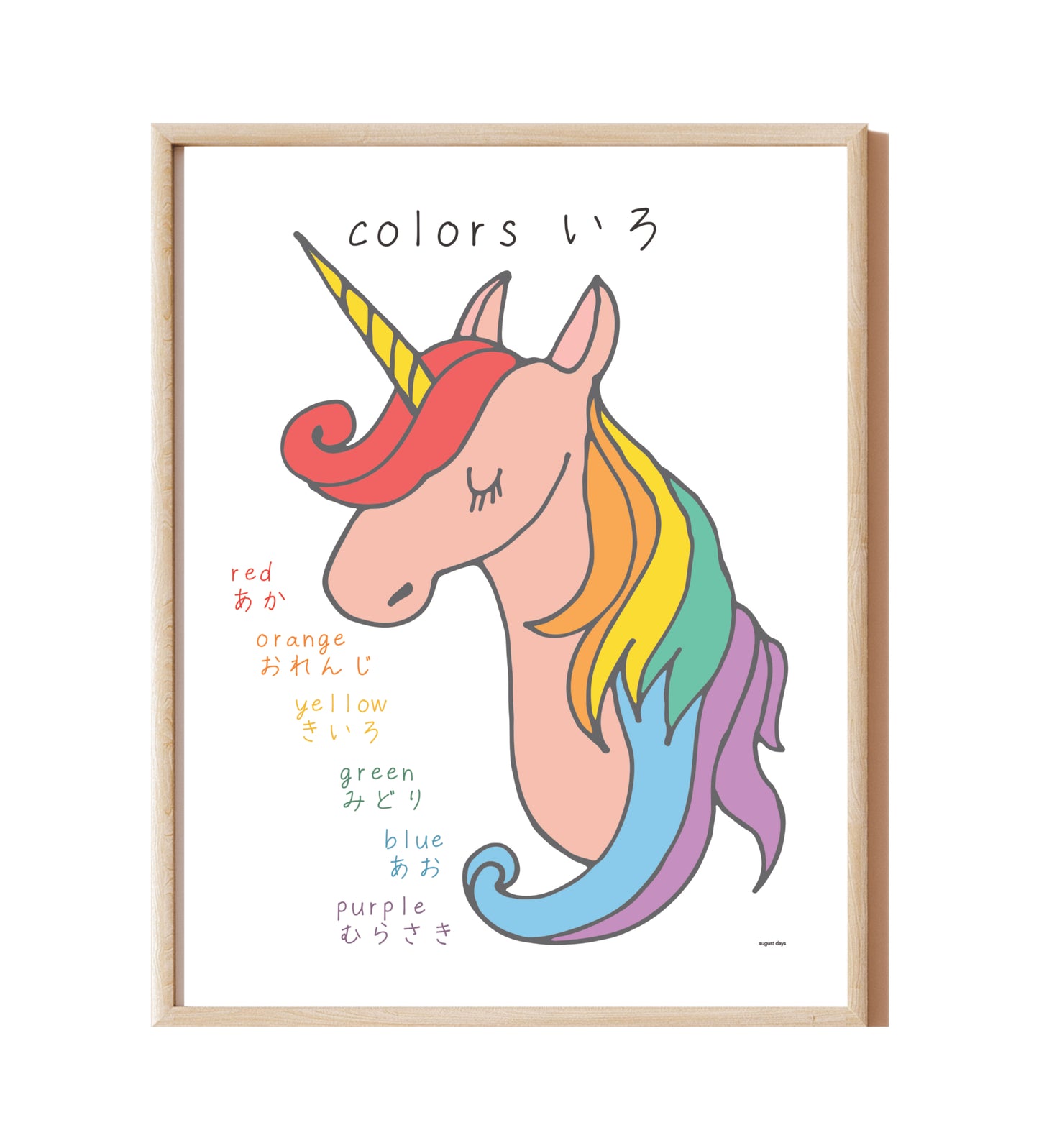 Pink unicorn with a yellow horn, and a rainbow color mane. Colors listed in English and Japanese.