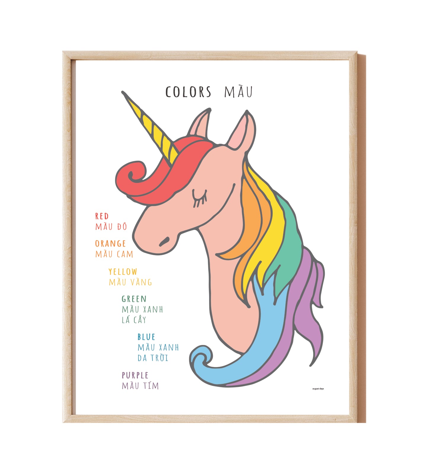 Pink unicorn with a yellow horn, and a rainbow color mane. Colors listed in English and Vietnamese.