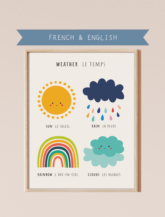 A bilingual educational print featuring cute , colorful illustrations of the sun, rain, a rainbow, and clouds labeled in English and French. This bilingual display aids in language acquisition and cross-cultural learning and has the perfect aesthetic for a baby nursery, classroom, or other decor. 