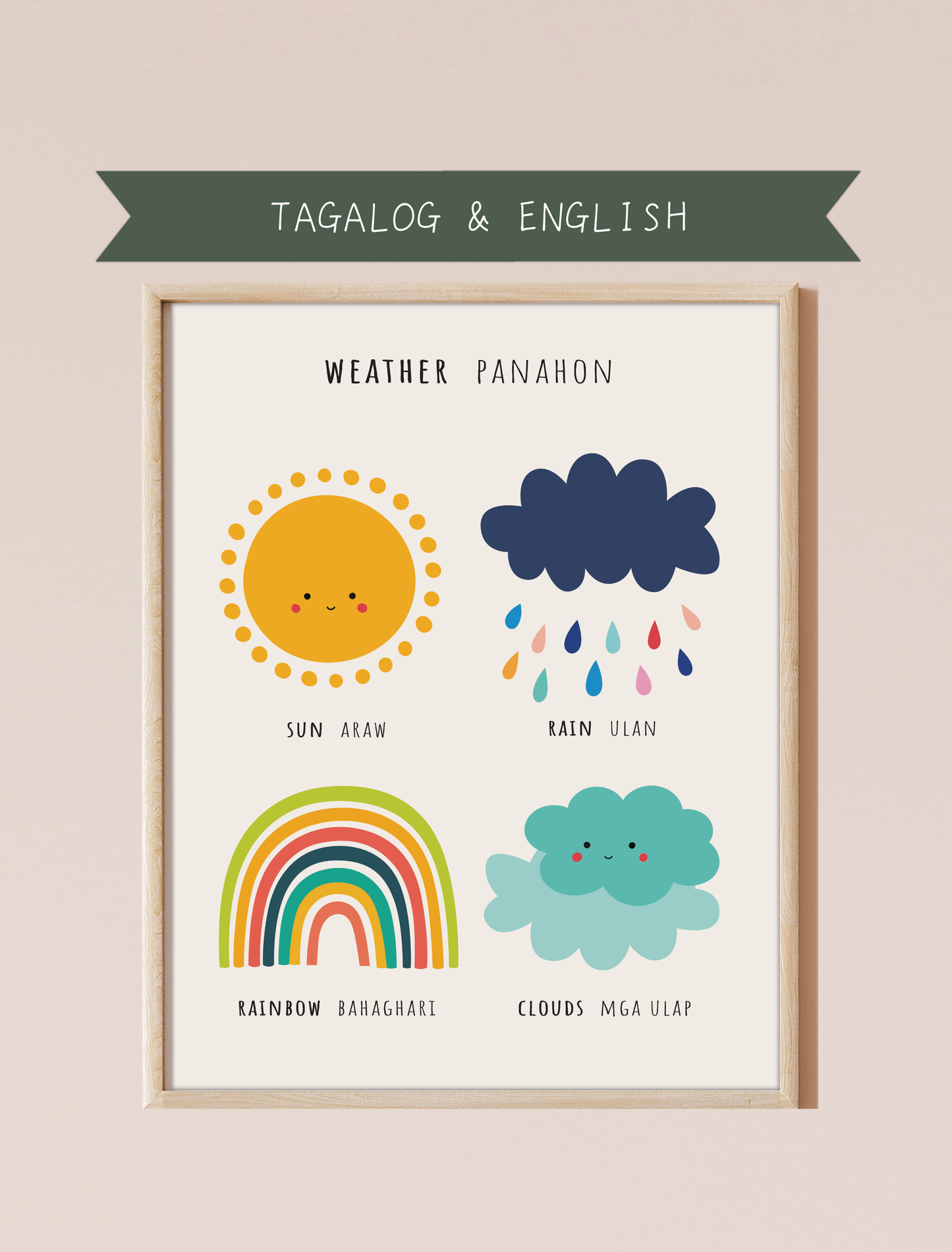 A bilingual educational print featuring cute , colorful illustrations of the sun, rain, a rainbow, and clouds labeled in English and Tagalog. This bilingual display aids in language acquisition and cross-cultural learning and has the perfect aesthetic for a baby nursery, classroom, or other decor. 