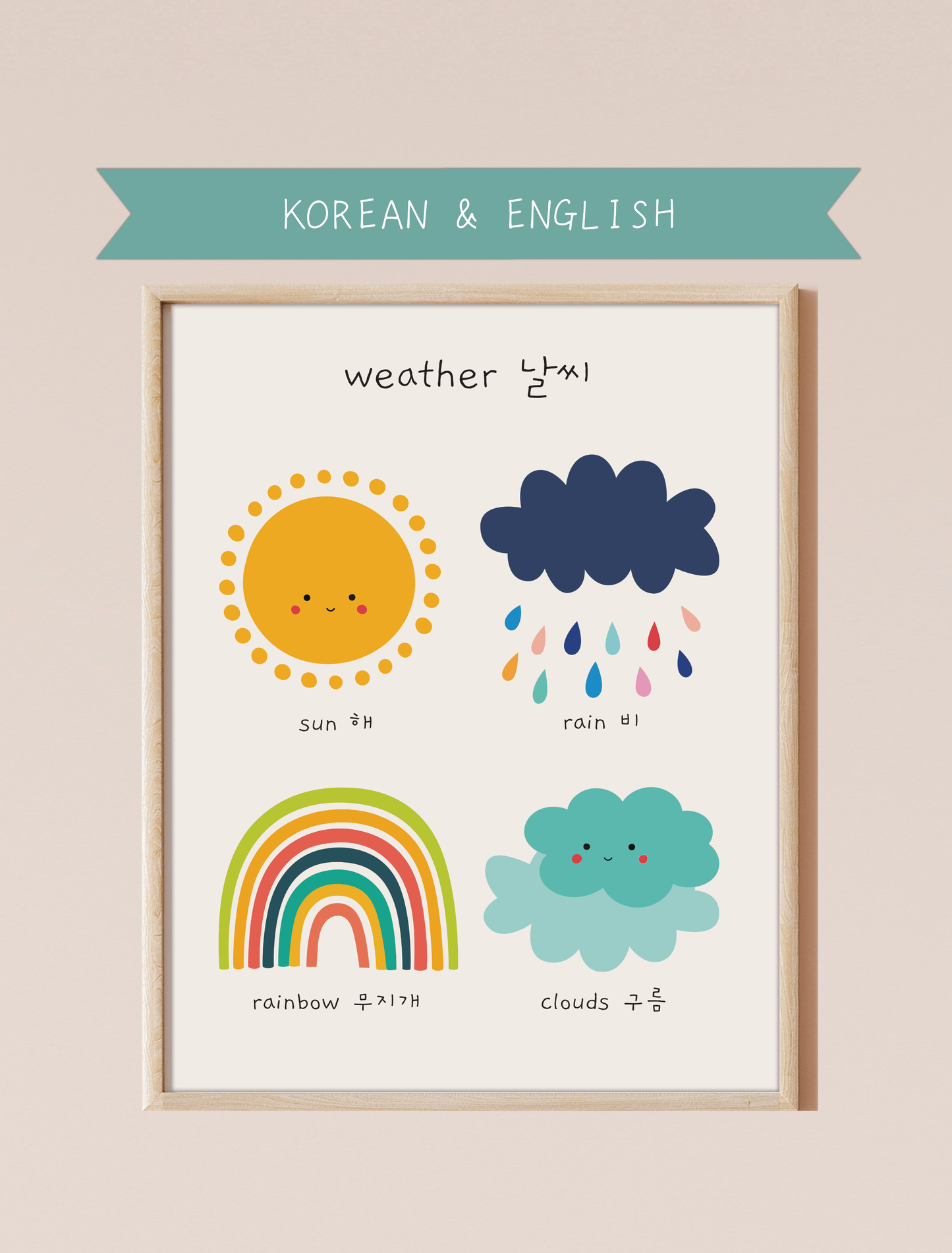 A bilingual educational print featuring cute , colorful illustrations of the sun, rain, a rainbow, and clouds labeled in English and Korean. This bilingual display aids in language acquisition and cross-cultural learning and has the perfect aesthetic for a baby nursery, classroom, or other decor. 