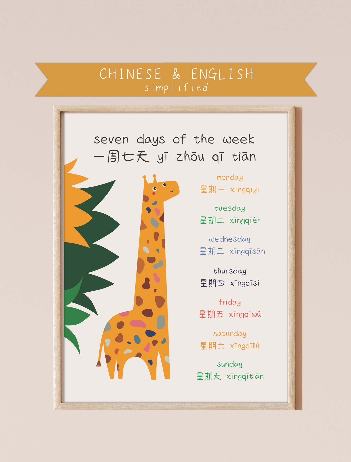 A bilingual educational print featuring the days of the week labeled in English and Chinese. The print displays a cute, giraffe featuring the days of the week: Monday, Tuesday, Wednesday, Thursday, Friday, and Saturday . This bilingual display aids in language acquisition and cross-cultural learning and has the perfect aesthetic for a baby nursery, classroom, or other decor. 