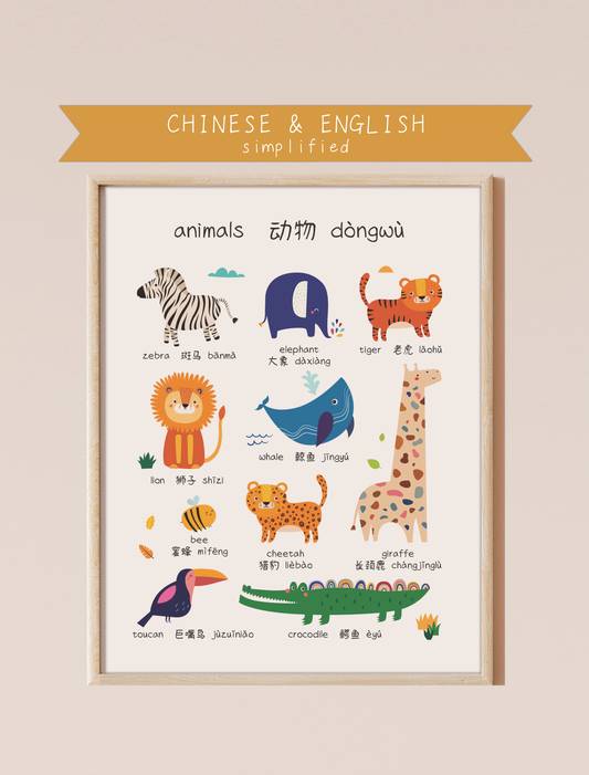 A bilingual educational print featuring animals labeled in English and Chinese. The print displays cute, colorful illustrations of the following animals: zebra, elephant, tiger, lion, whale, bee, cheetah, giraffe toucan, and crocodile . This bilingual display aids in language acquisition and cross-cultural learning.