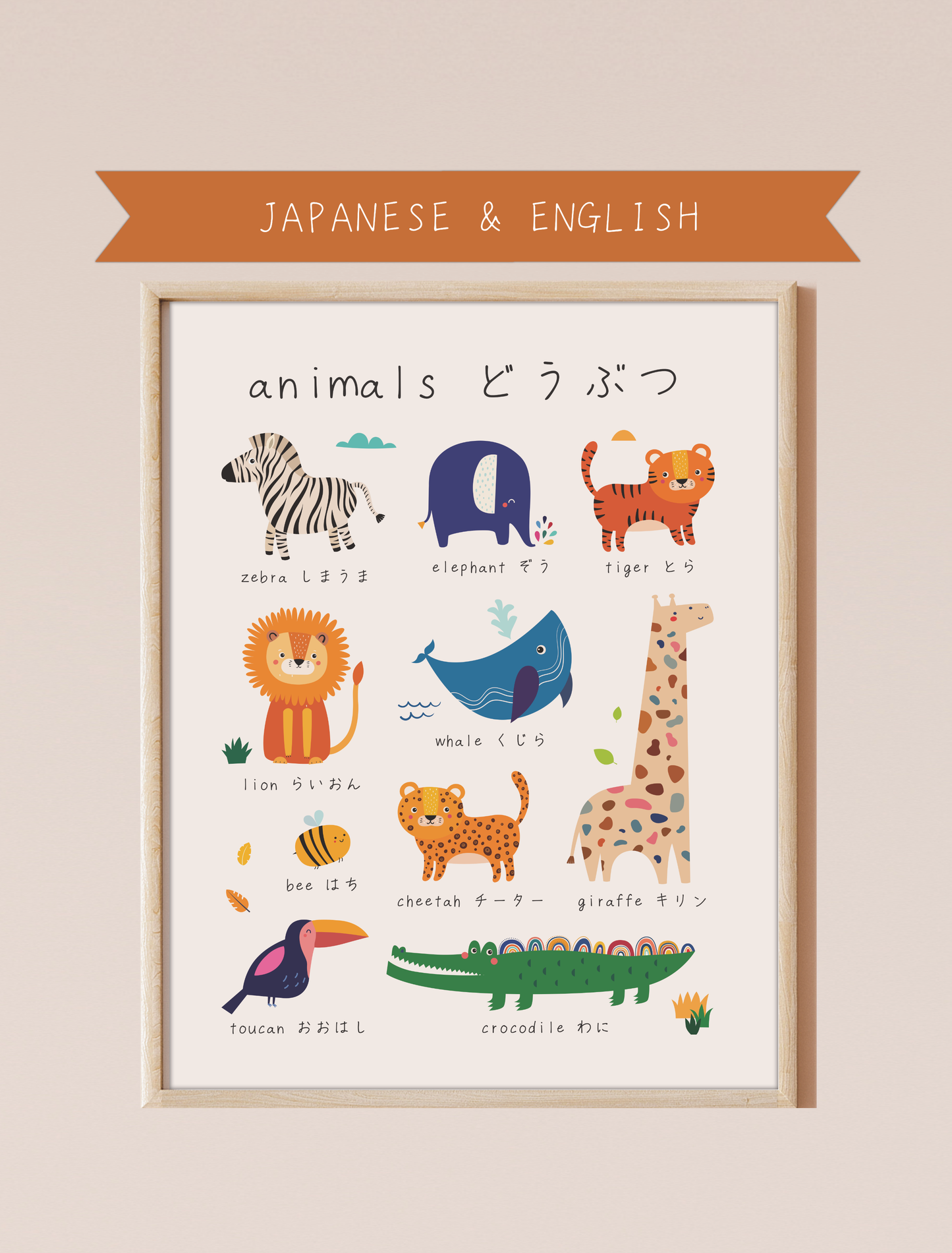 A bilingual educational print featuring animals labeled in English and Japanese. The print displays cute, colorful illustrations of the following animals: zebra, elephant, tiger, lion, whale, bee, cheetah, giraffe toucan, and crocodile . This bilingual display aids in language acquisition and cross-cultural learning.
