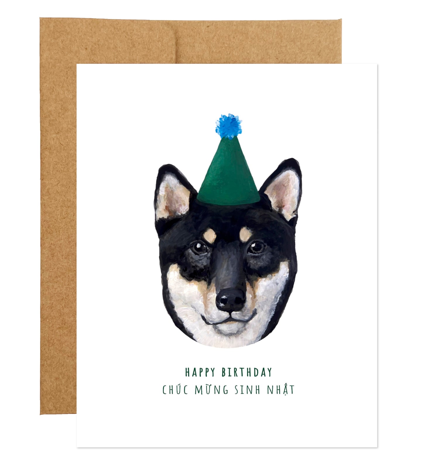 Shiba Inu Dog with Party Hat Bilingual Birthday Card (available in 7 languages)