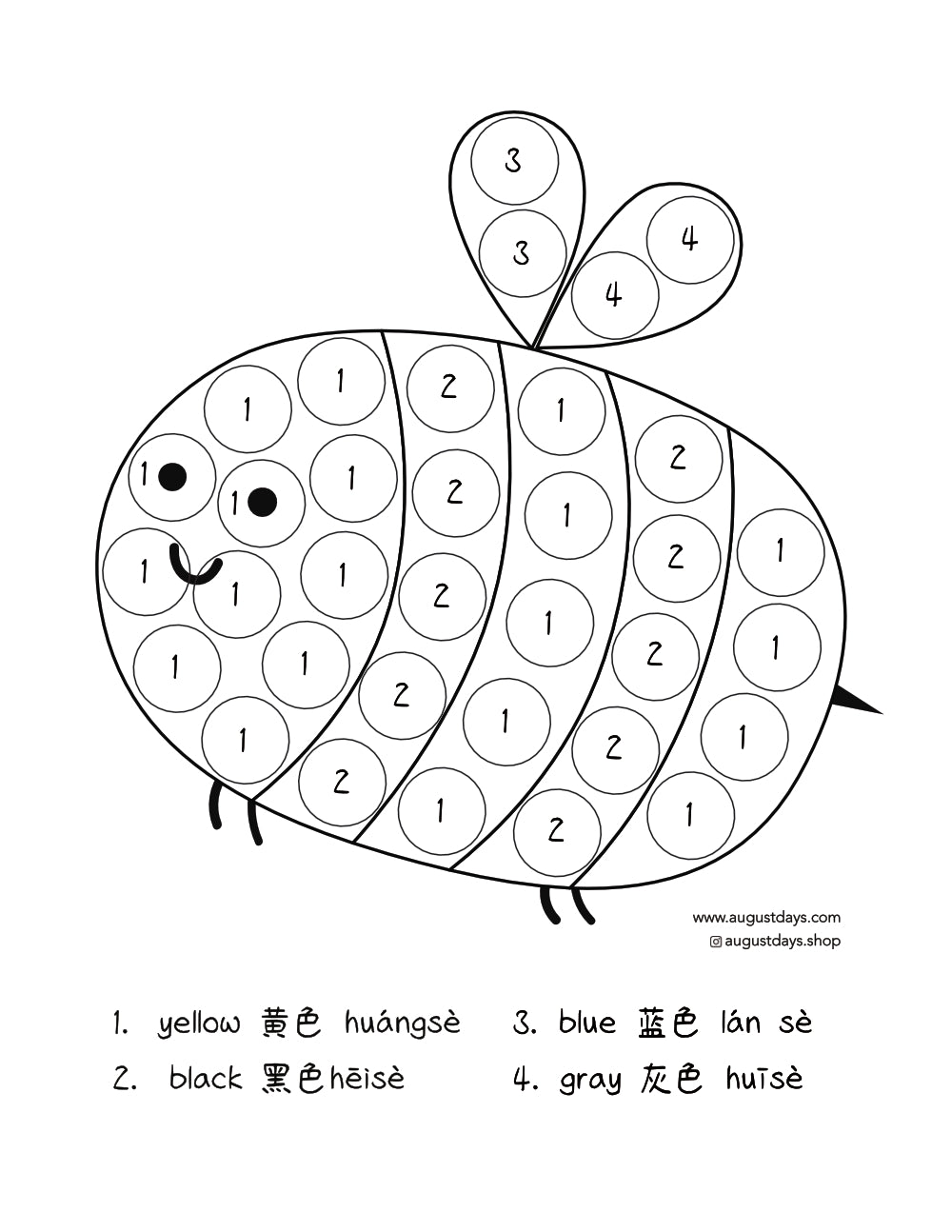 Dot marker color by number page in the shape of a bee. Colors in English and Chinese. 