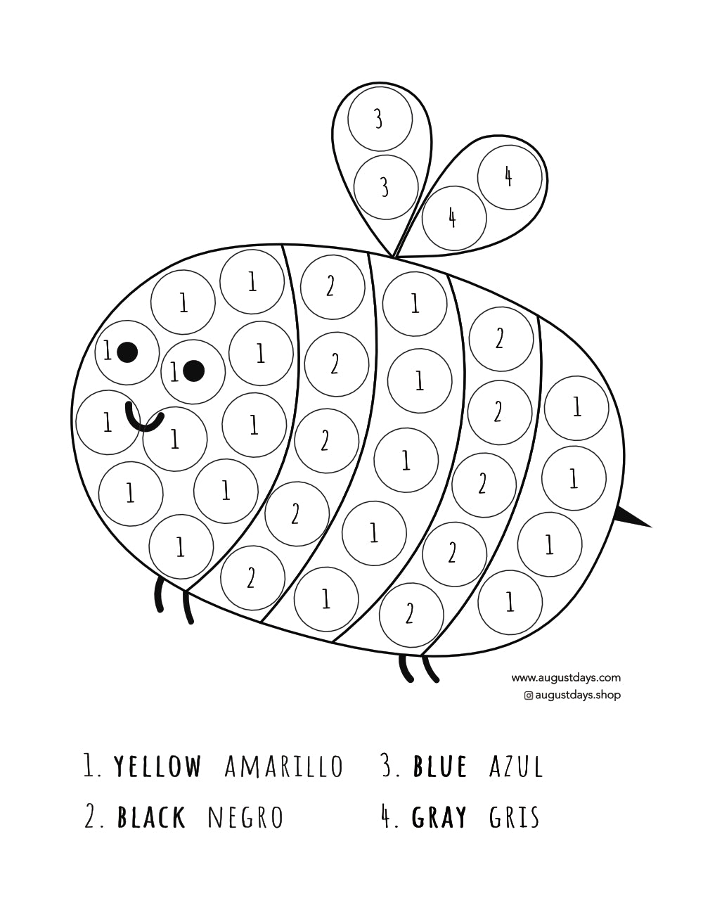 Dot marker color by number page in the shape of a bee. Colors in English and Spanish.