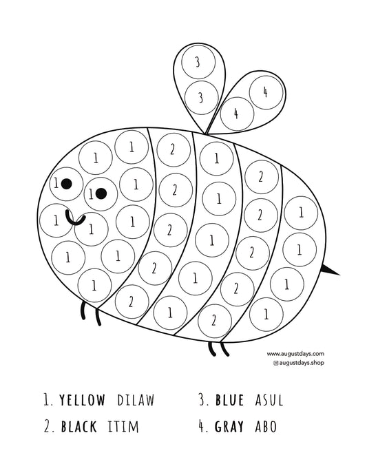 Dot marker color by number page in the shape of a bee. Colors in English and Tagalog.