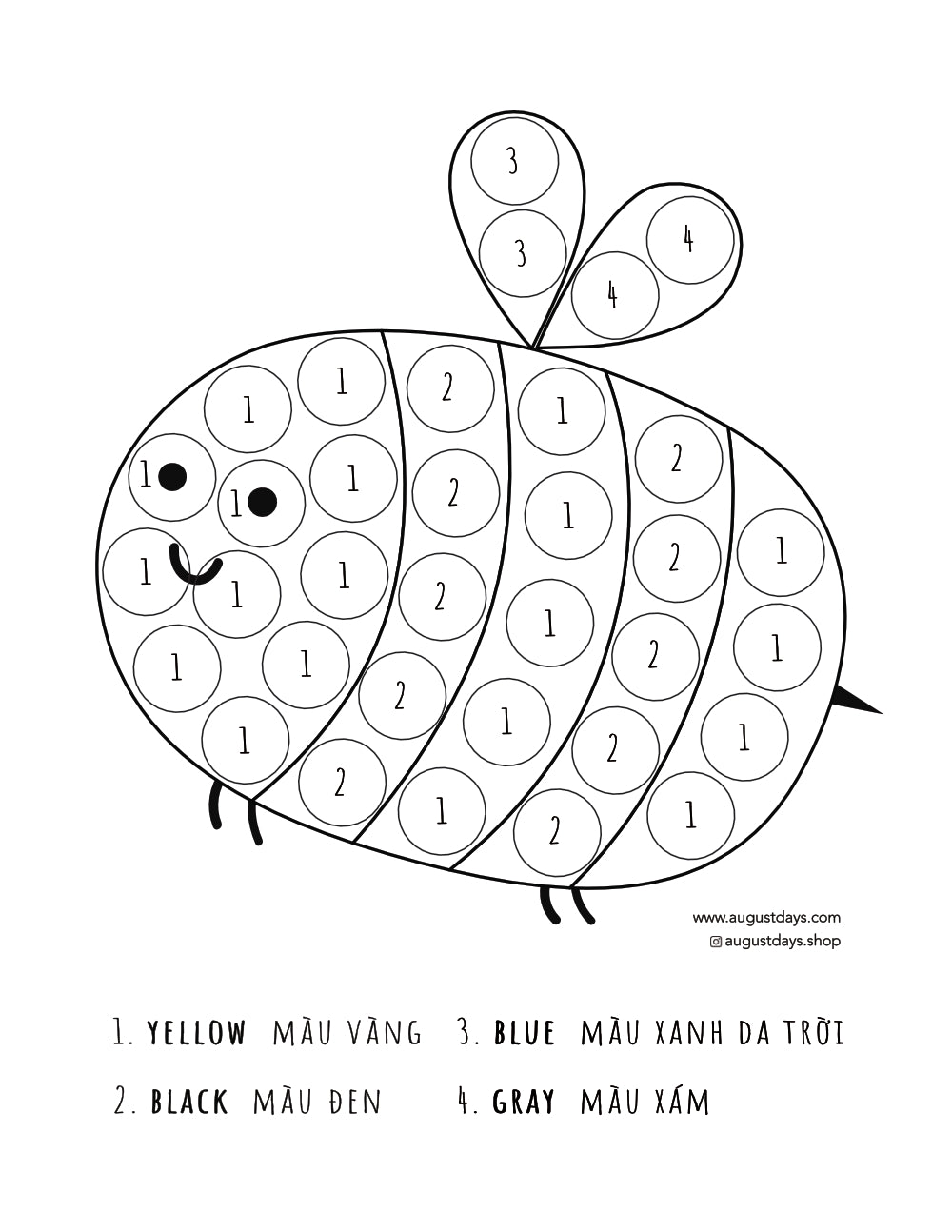 Dot marker color by number page in the shape of a bee. Colors in English and Vietnamese. 