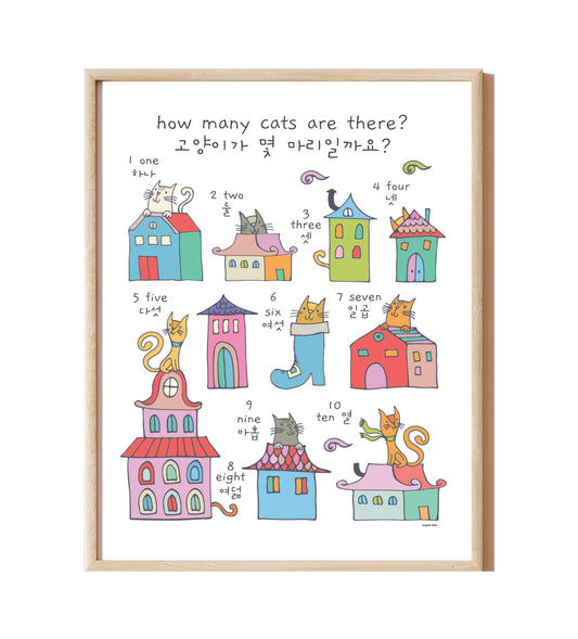 Ten illustrated cats hiding among houses. Numbers in Korean and English.