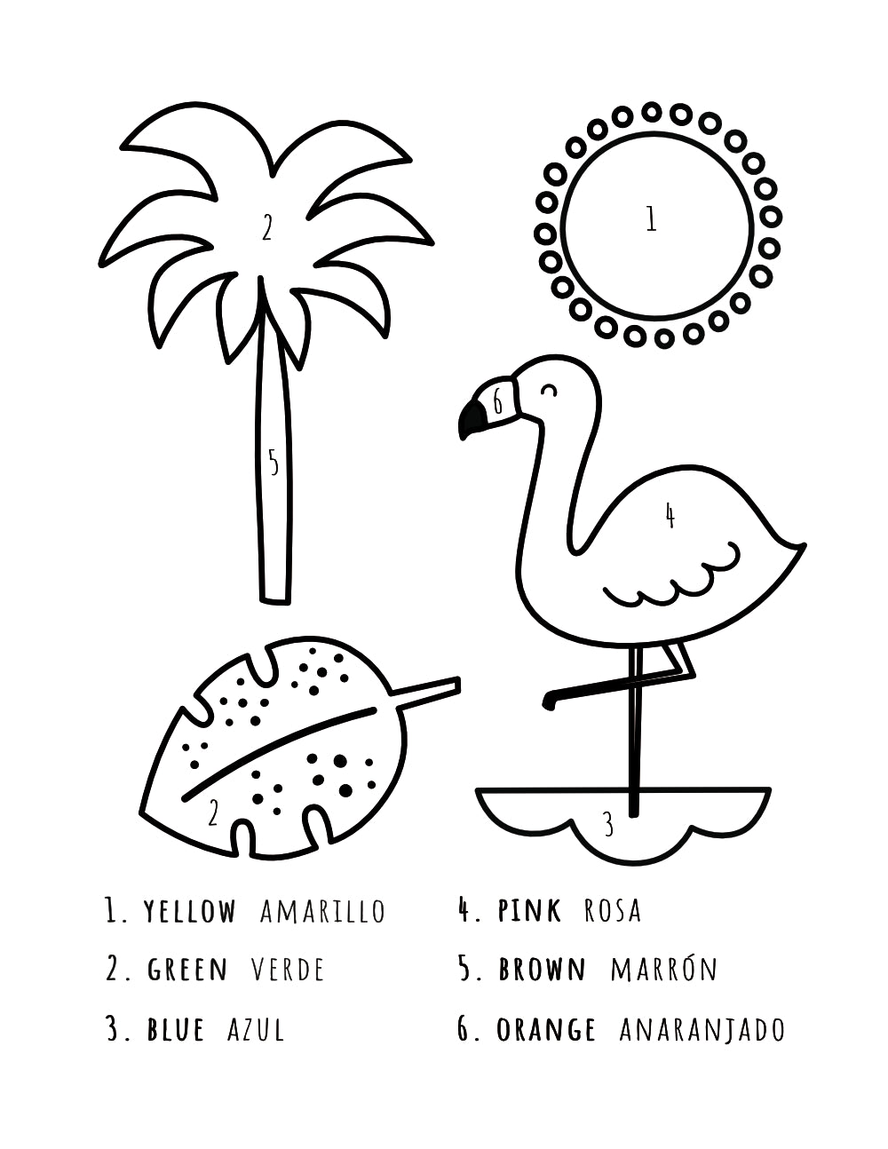 Summer flamingo, with leaves, tree, and sun coloring page with colors in Spanish and English.