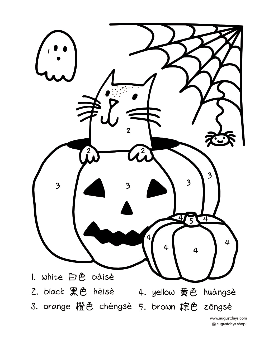 Halloween coloring page with a ghost, spider, and cat in a jack-o-lantern with colors in Chinese.