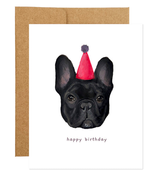 Frenchie Dog with Party Hat Bilingual Birthday Card (available in 7 languages)