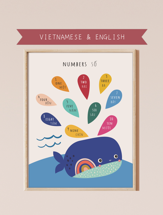 A bilingual educational print featuring numbers labeled in English and Vietnamese. The print displays a cute illustration of a whale, featuring the following numbers on water drops spraying from the whale's blowhole: one, two, three, four, five, six, seven, eight, nine, and ten. This bilingual display aids in language acquisition and cross-cultural learning and has the perfect aesthetic for a baby nursery, classroom, or other decor. 