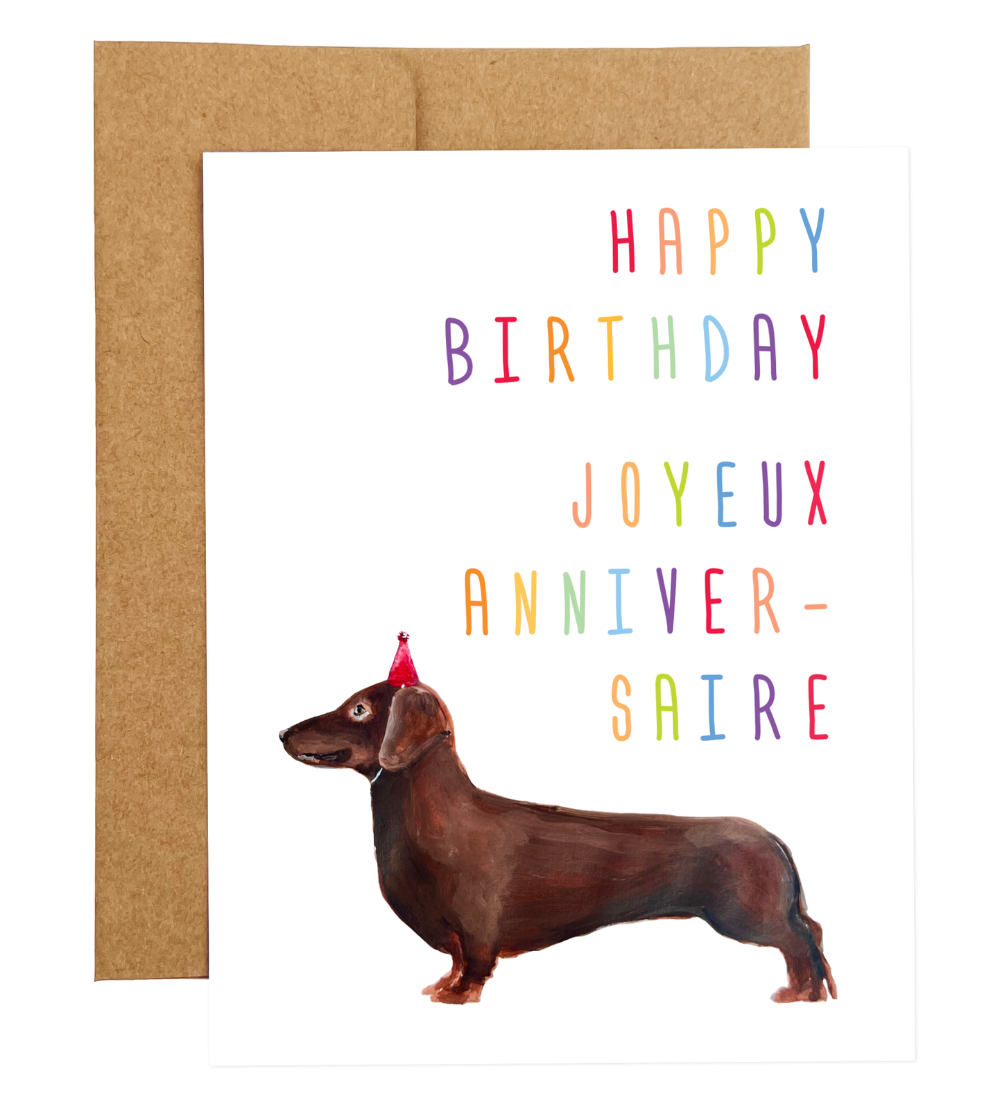 Wiener Dog with Party Hat Bilingual Birthday Card (available in 8 languages)