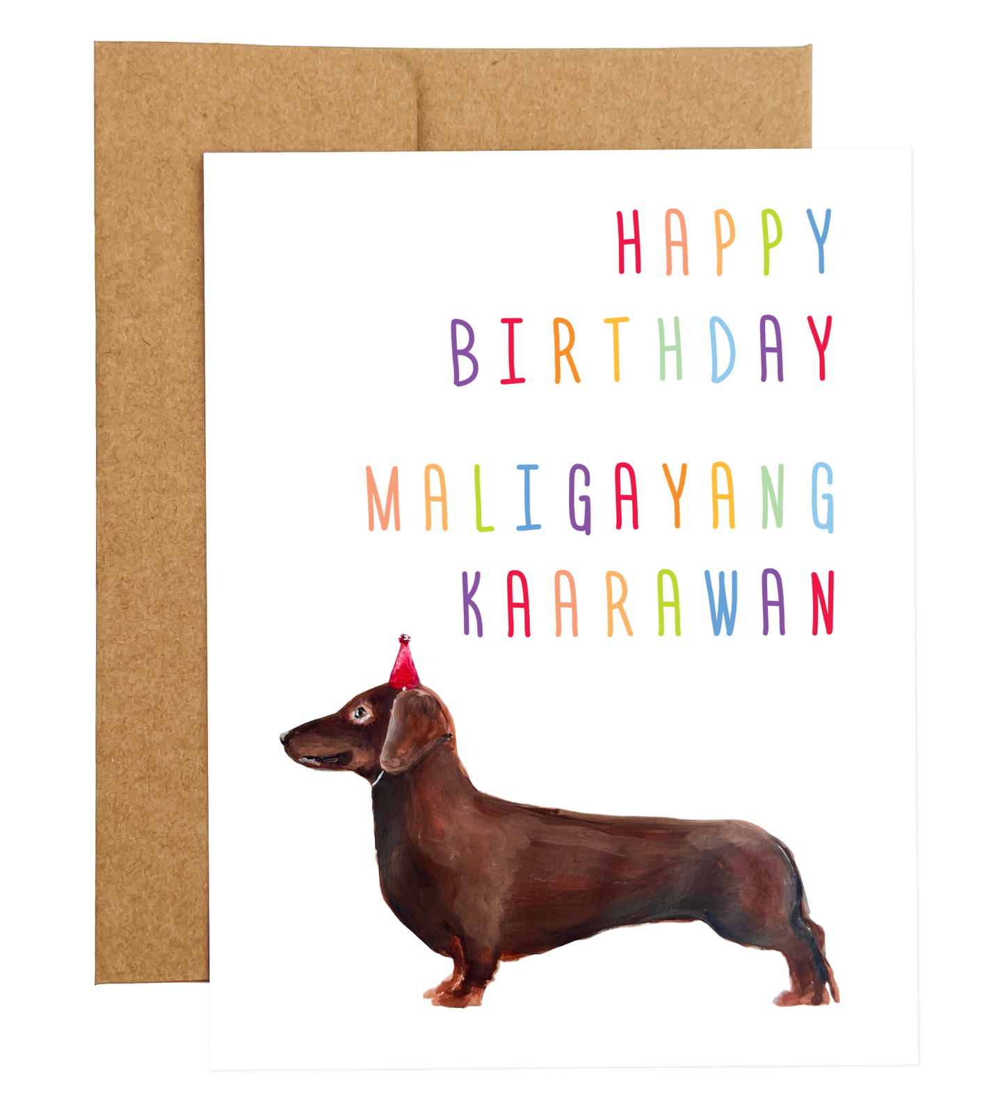 Wiener Dog with Party Hat Bilingual Birthday Card (available in 8 languages)