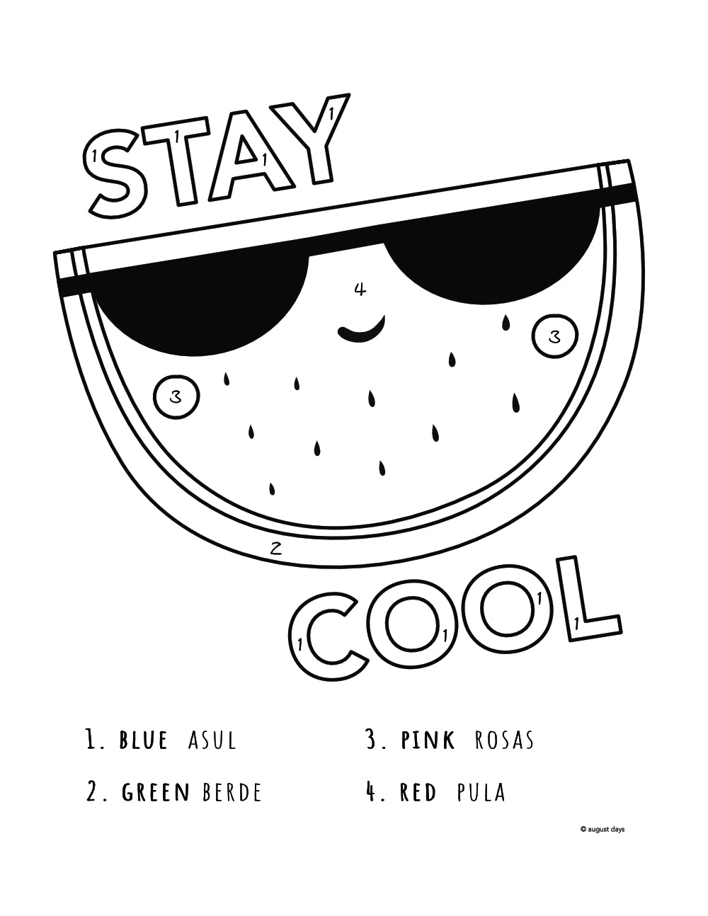 Free, downloadable color by number coloring page of a watermelon wearing sunglasses. Colors in English and Tagalog.