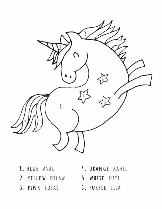 Unicorn coloring page with colors in Tagalog and English.