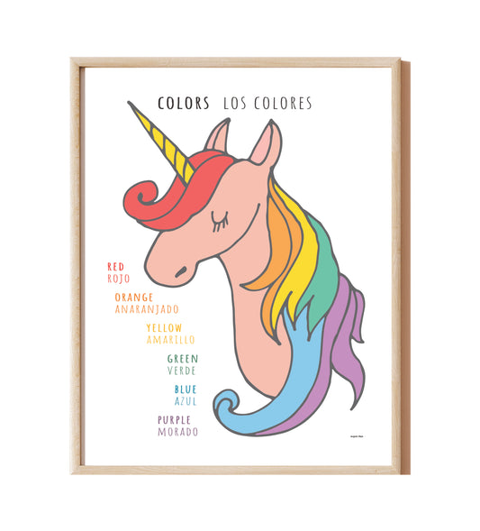 Pink unicorn with a yellow horn, and a rainbow color mane. Colors listed in English and Spanish.