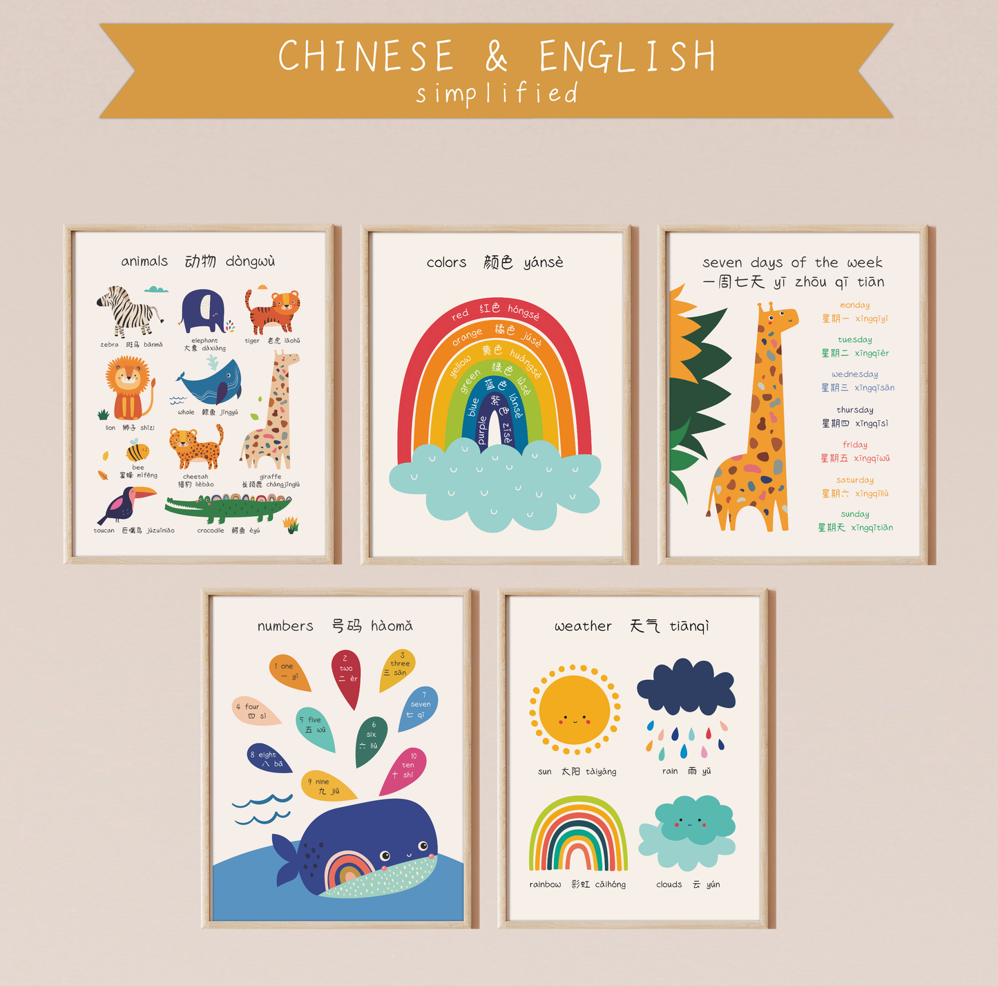 Five bilingual educational prints framed in light oak hanging on a pinkish wall featuring cute, colorful illustrations of animals, colors, days of the week, numbers and the weather labeled in English and Chinese. This bilingual display aids in language acquisition and cross-cultural learning and has the perfect aesthetic for a baby nursery, classroom, or other decor. 