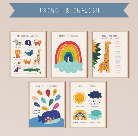 Five bilingual educational prints framed in light oak hanging on a pinkish wall featuring cute, colorful illustrations of animals, colors, days of the week, numbers and the weather labeled in English and French. This bilingual display aids in language acquisition and cross-cultural learning and has the perfect aesthetic for a baby nursery, classroom, or other decor. 