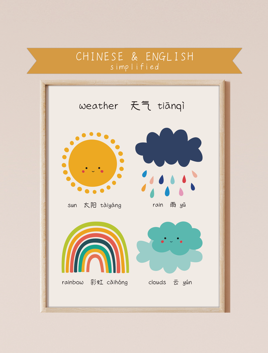 A bilingual educational print featuring cute , colorful illustrations of the sun, rain, a rainbow, and clouds labeled in English and Chinese. This bilingual display aids in language acquisition and cross-cultural learning and has the perfect aesthetic for a baby nursery, classroom, or other decor. 