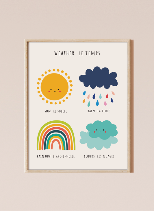 A bilingual educational print featuring cute , colorful illustrations of the sun, rain, a rainbow, and clouds labeled in English and French. This bilingual display aids in language acquisition and cross-cultural learning and has the perfect aesthetic for a baby nursery, classroom, or other decor. 