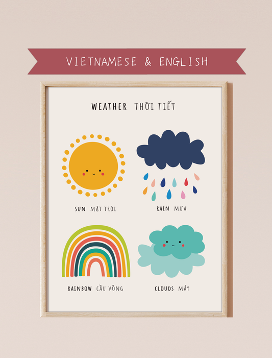 A bilingual educational print featuring cute , colorful illustrations of the sun, rain, a rainbow, and clouds labeled in English and Vietnamese. This bilingual display aids in language acquisition and cross-cultural learning and has the perfect aesthetic for a baby nursery, classroom, or other decor. 